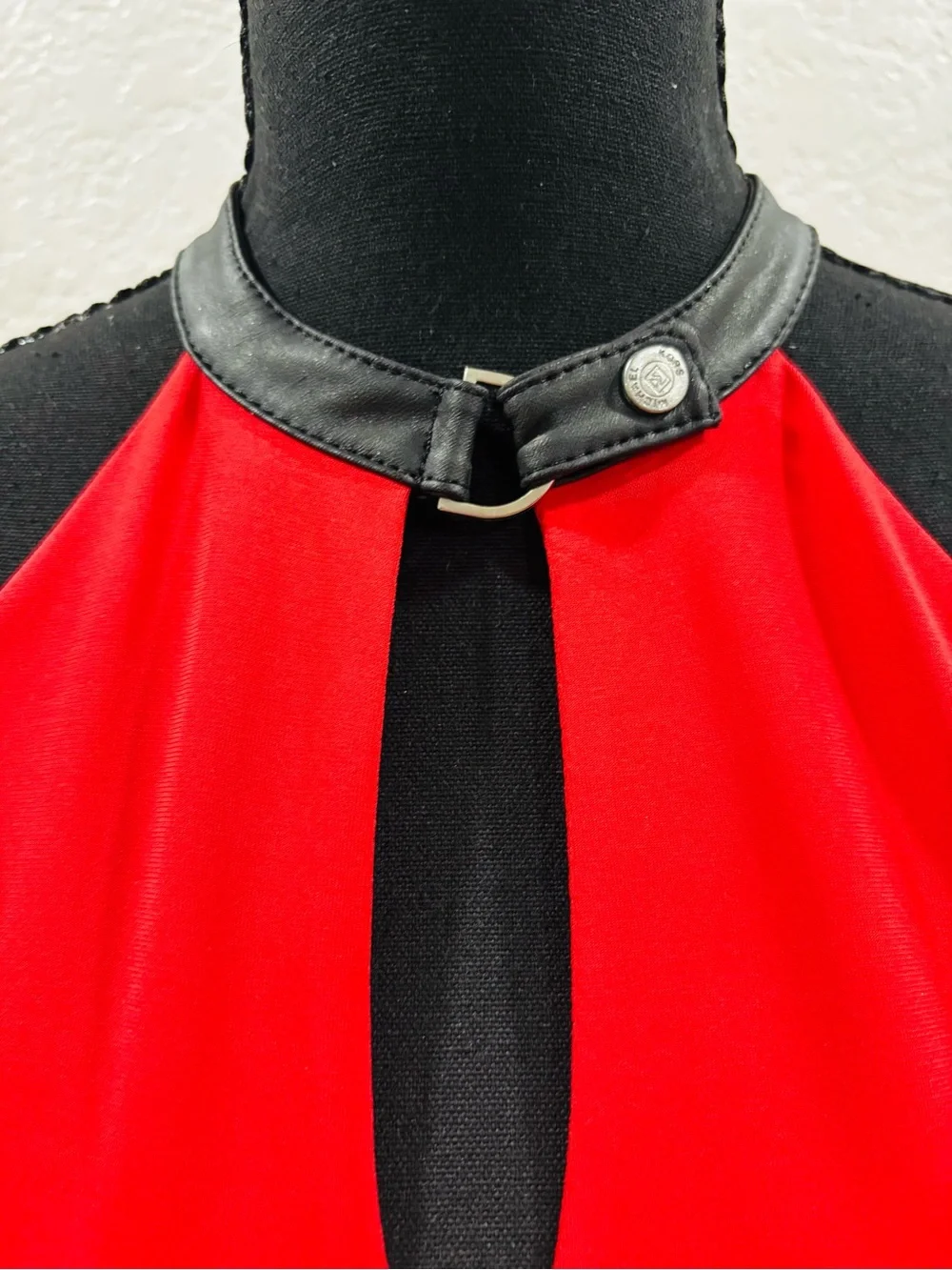 Michael Kors Red Halter Top with Black Faux Leather Collar